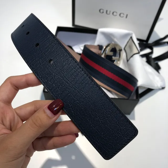 Gucci Ophidia Navy Red Interlocking G Buckle Silver-Tone Hardware Leather Belt 5
