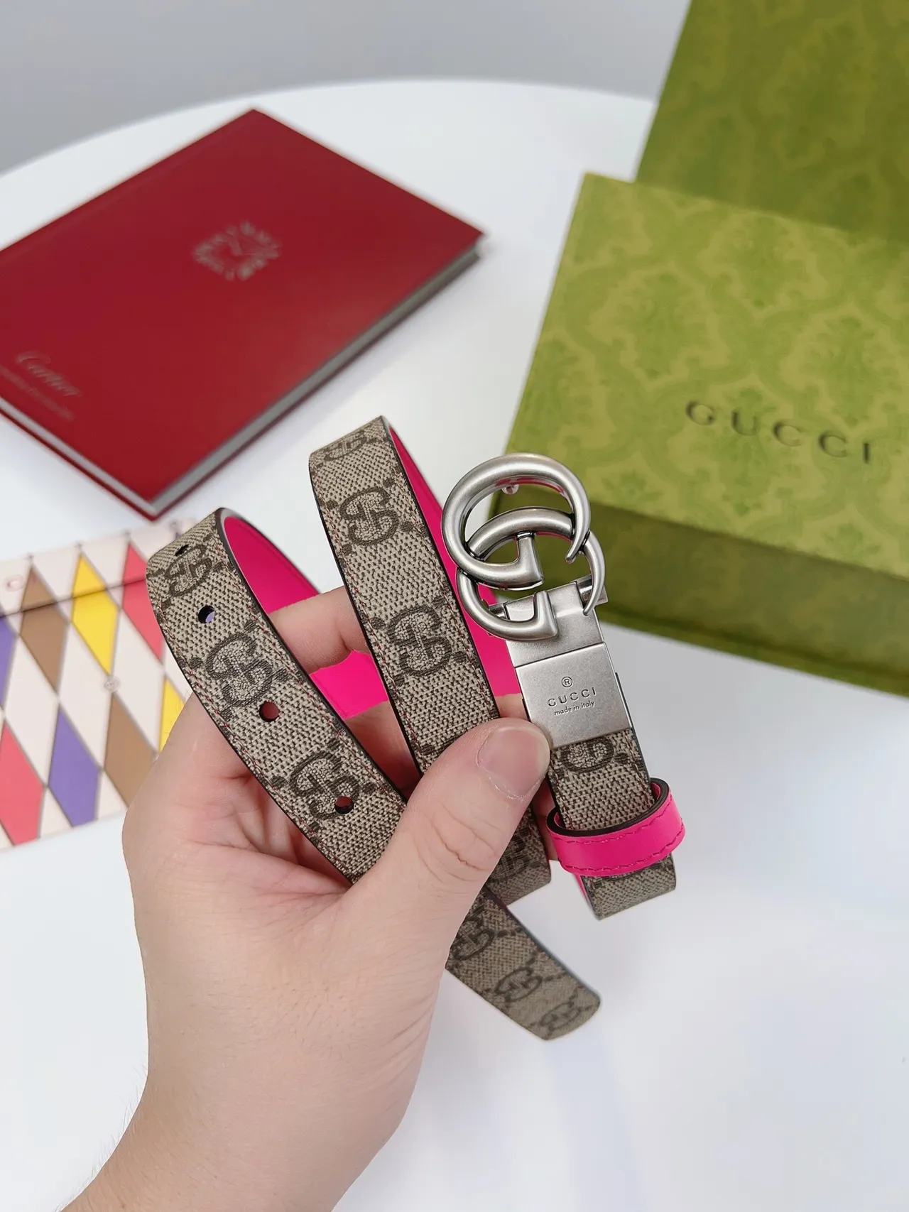 Gucci Ophidia Reversible Pink and GG Web Leather Belt 2
