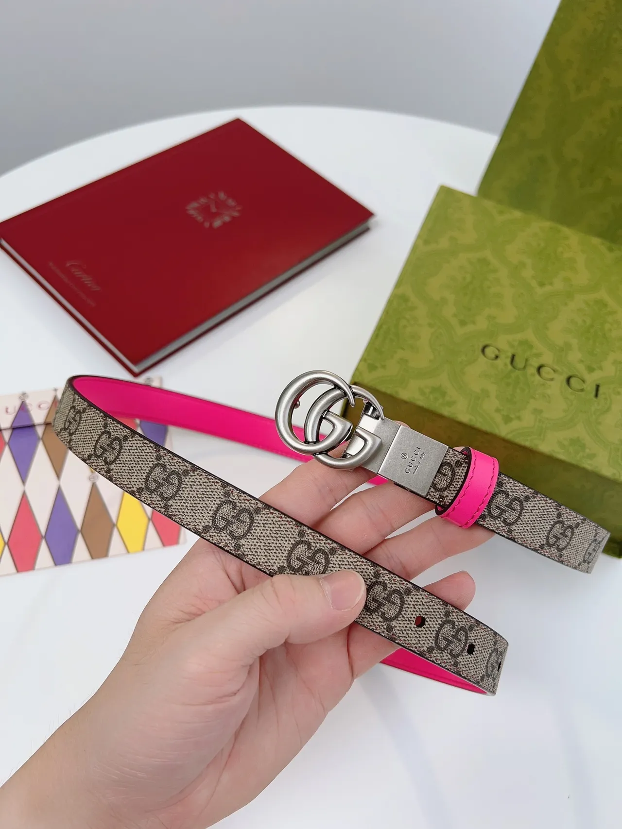 Gucci Ophidia Reversible Pink and GG Web Leather Belt 3