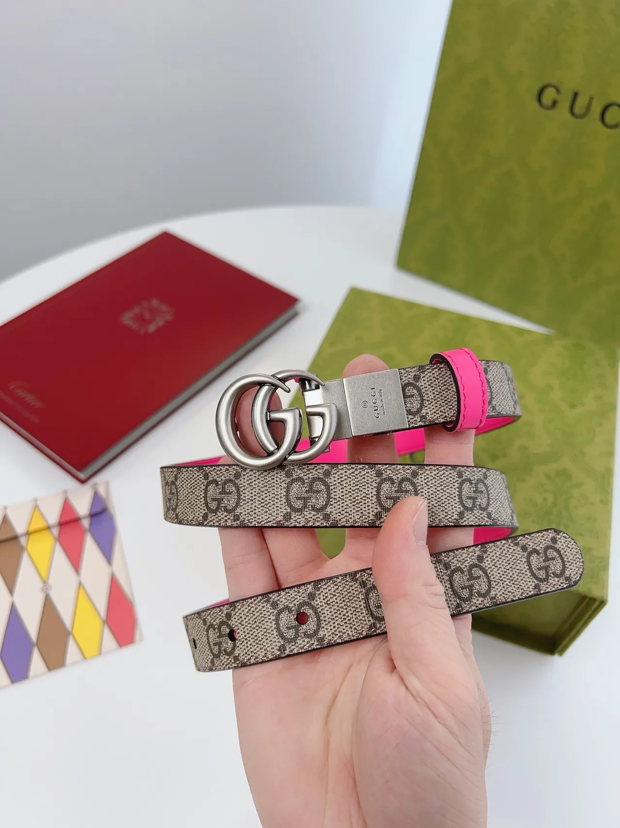 Gucci Ophidia Reversible Pink and GG Web Leather Belt 9