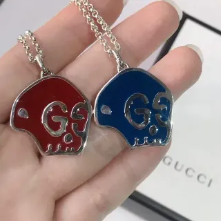 Gucci Red Blue Enamel Skull Pendant Interlocking G Logo Necklace