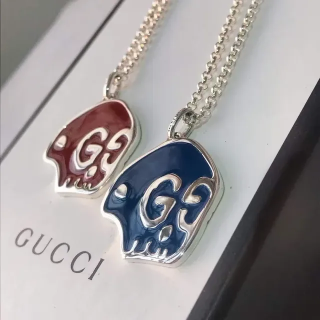Gucci Red Blue Enamel Skull Pendant Interlocking G Logo Necklace 2