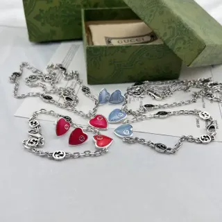 Gucci Red Blue Silver-Tone Chain Enamel Heart Pendants Necklace