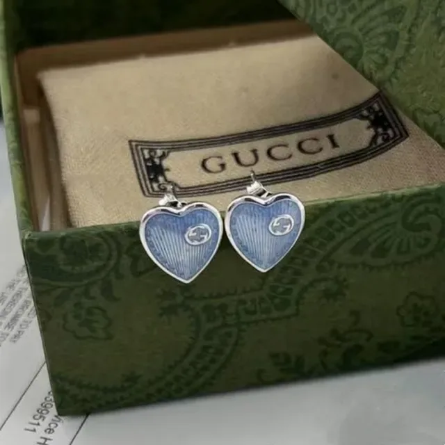 Gucci Red Blue Silver-Tone Chain Enamel Heart Pendants Necklace 4