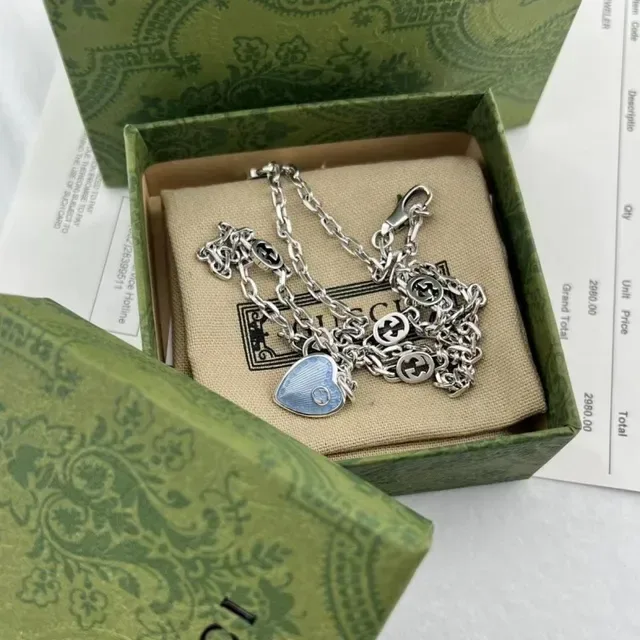 Gucci Red Blue Silver-Tone Chain Enamel Heart Pendants Necklace 7