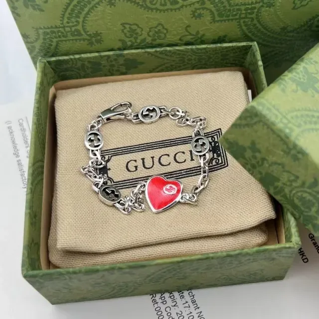 Gucci Red Blue Silver-Tone Chain Enamel Heart Pendants Necklace 8