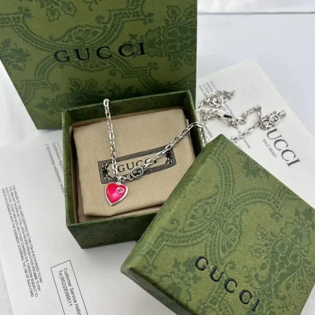 Gucci Red Blue Silver-Tone Chain Enamel Heart Pendants Necklace 9