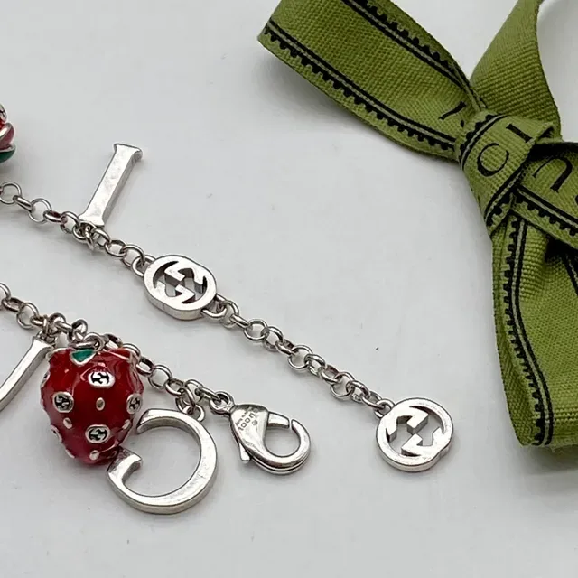 Gucci Red Silver Chain Enamel Strawberry Charms Bracelet 2
