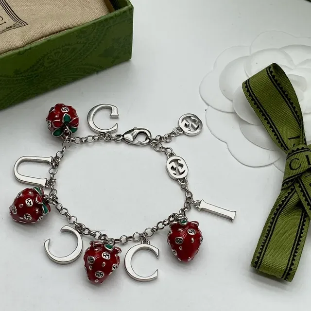 Gucci Red Silver Chain Enamel Strawberry Charms Bracelet 3