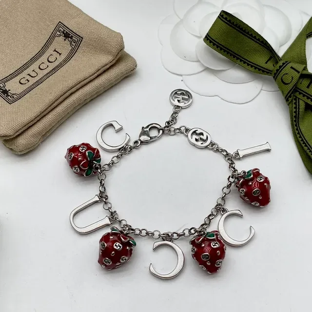Gucci Red Silver Chain Enamel Strawberry Charms Bracelet 4