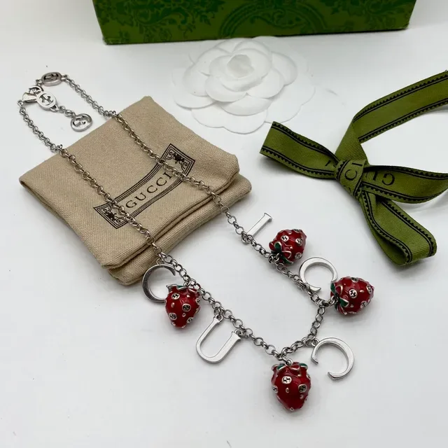 Gucci Red Silver Chain Enamel Strawberry Charms Bracelet 5
