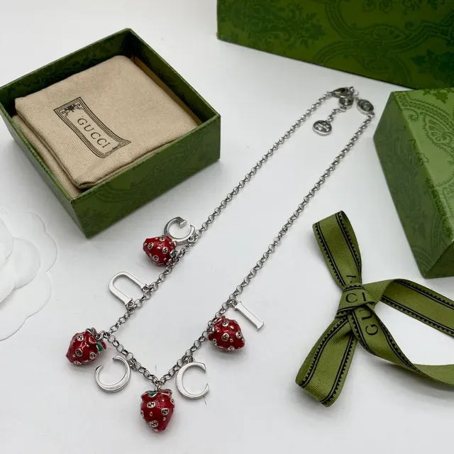Gucci Red Silver Chain Enamel Strawberry Charms Bracelet 6