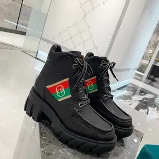 Gucci Rhyton Black Leather Web Stripe Ankle Boots