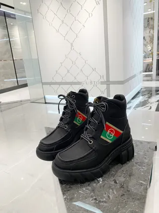 Gucci Rhyton Black Leather Web Stripe Ankle Boots 2