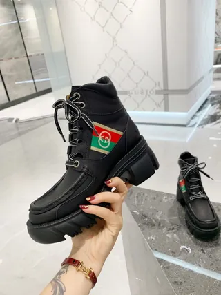 Gucci Rhyton Black Leather Web Stripe Ankle Boots 6