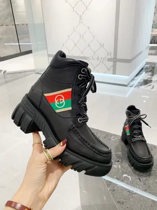 Gucci Rhyton Black Leather Web Stripe Ankle Boots 7
