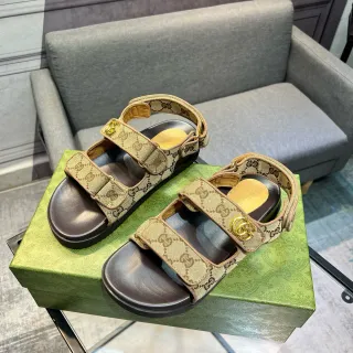 Gucci Screener Beige GG Monogram Canvas and Brown Leather Casual Sandals