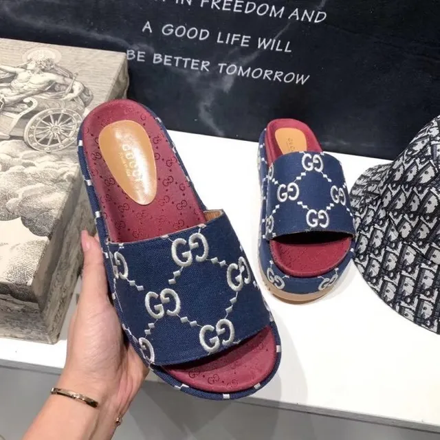 Gucci Screener Navy Blue and Red GG Monogram Slippers 2
