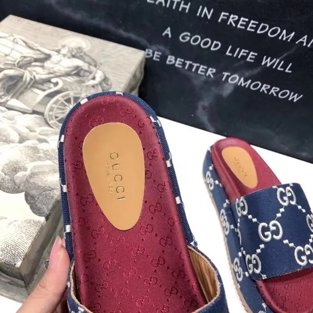 Gucci Screener Navy Blue and Red GG Monogram Slippers 4