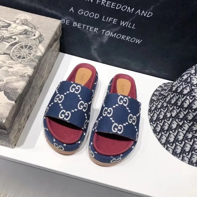 Gucci Screener Navy Blue and Red GG Monogram Slippers 5