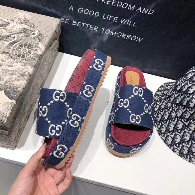Gucci Screener Navy Blue and Red GG Monogram Slippers 6