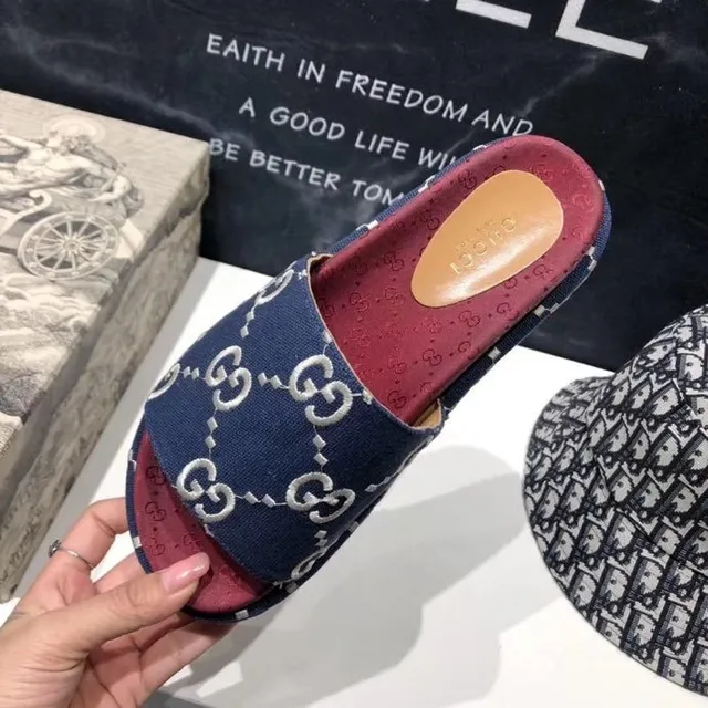 Gucci Screener Navy Blue and Red GG Monogram Slippers 8