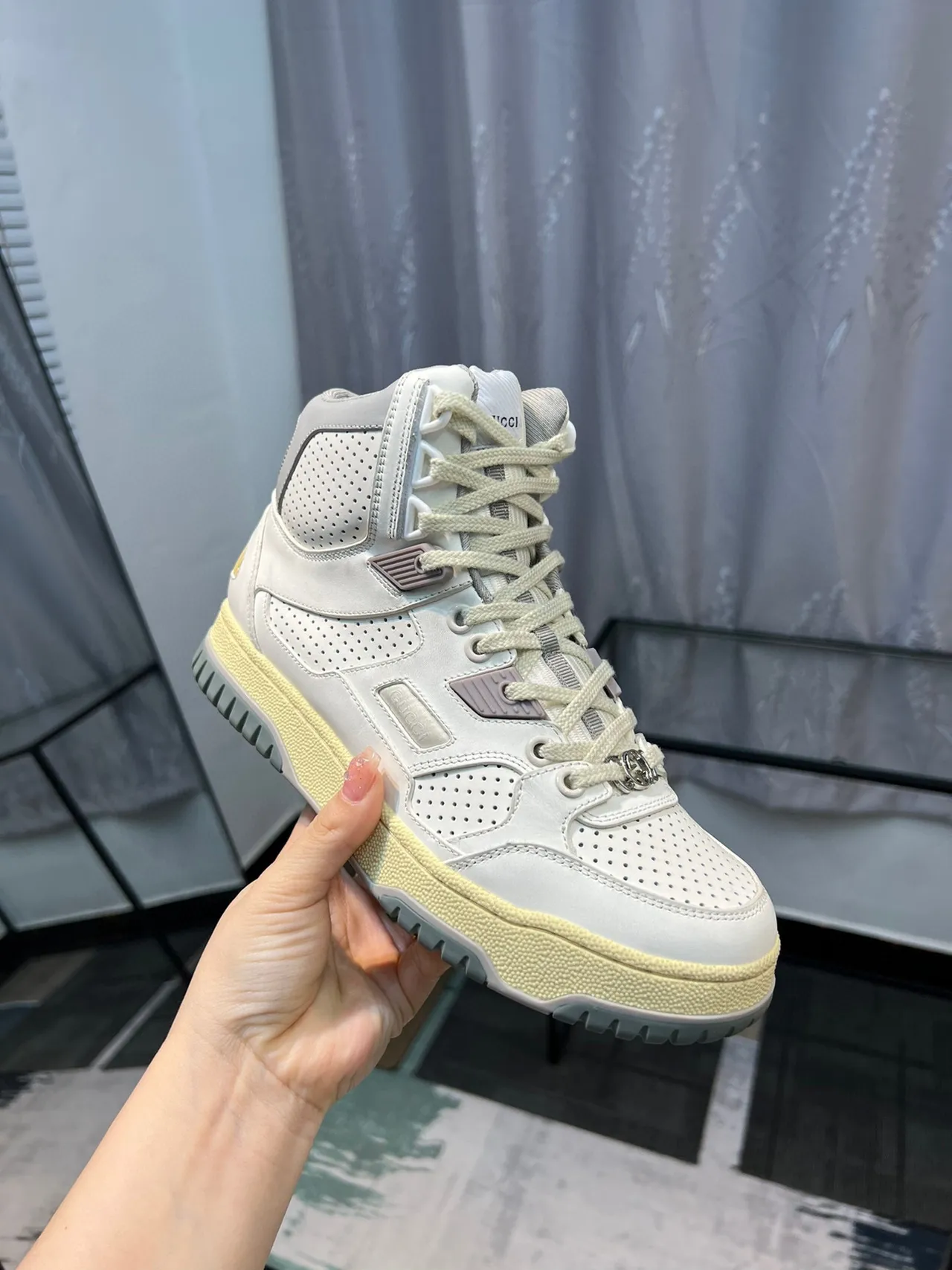 Gucci Screener Off-White Perforated Leather High-Top Lifestyle Sneaker 6