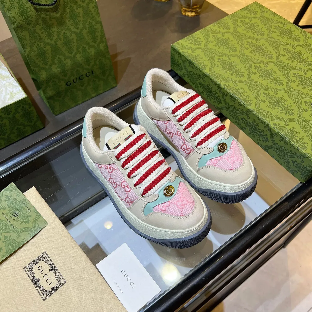Gucci Screener Pink and Beige GG Jacquard Lifestyle Sneakers 2