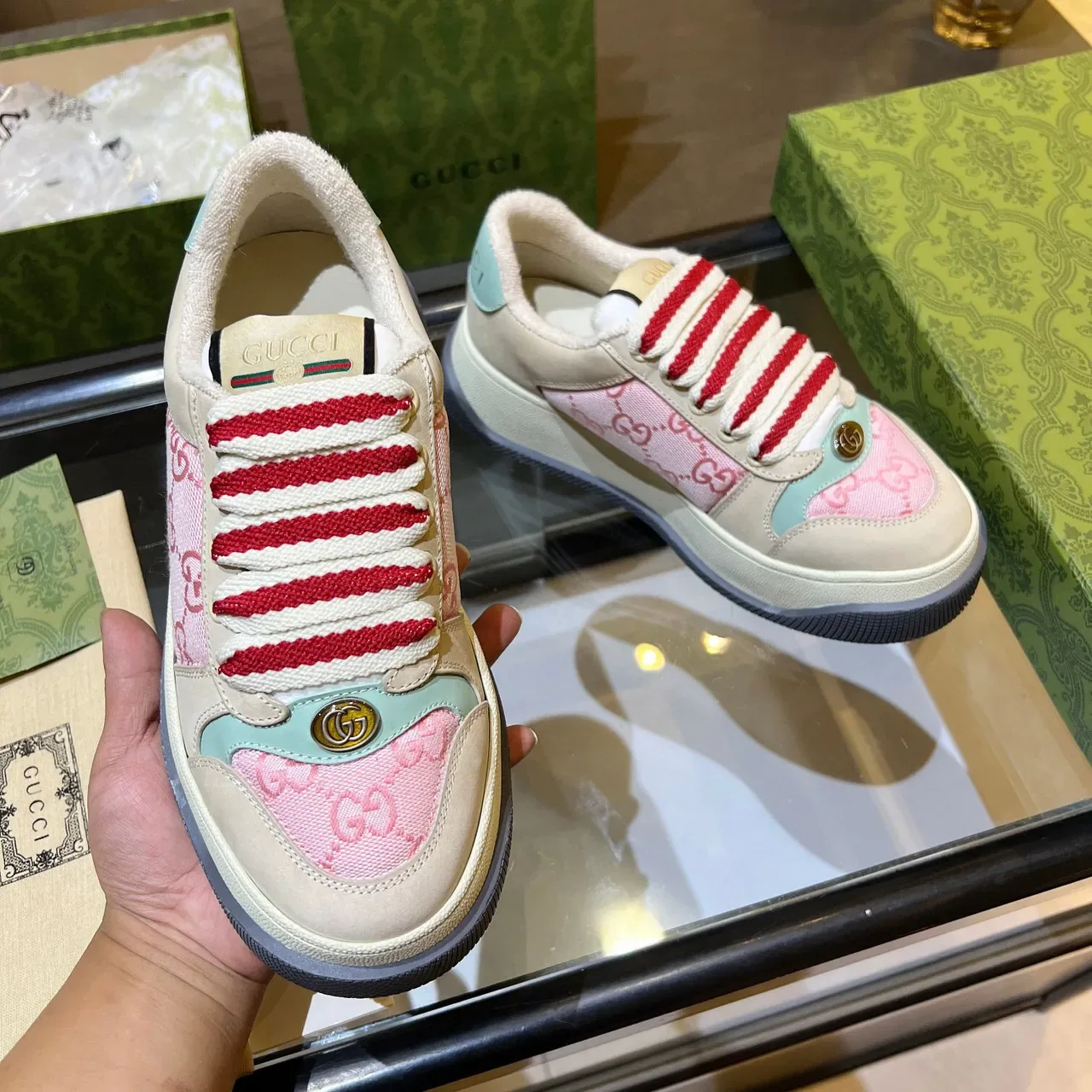 Gucci Screener Pink and Beige GG Jacquard Lifestyle Sneakers 3