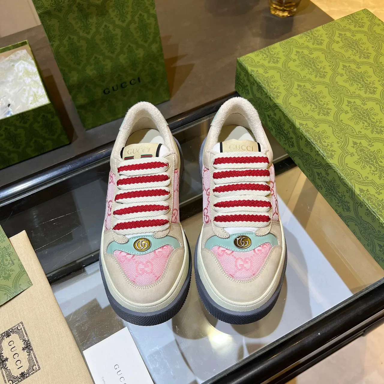 Gucci Screener Pink and Beige GG Jacquard Lifestyle Sneakers 4