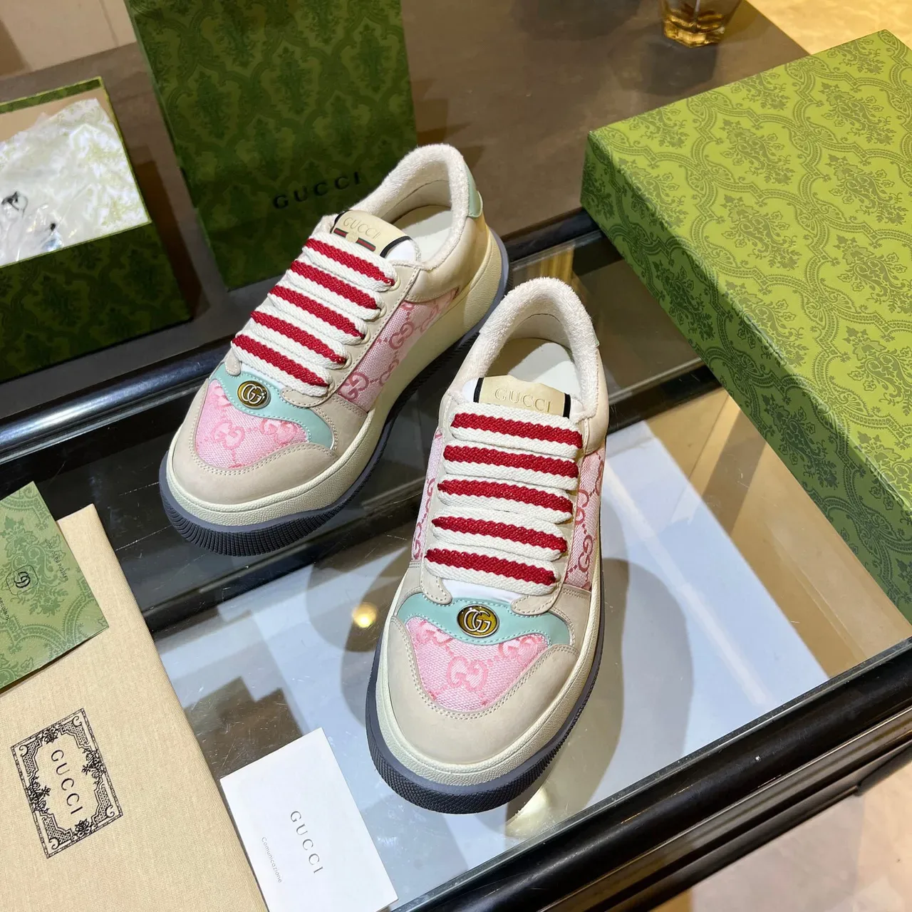 Gucci Screener Pink and Beige GG Jacquard Lifestyle Sneakers 5