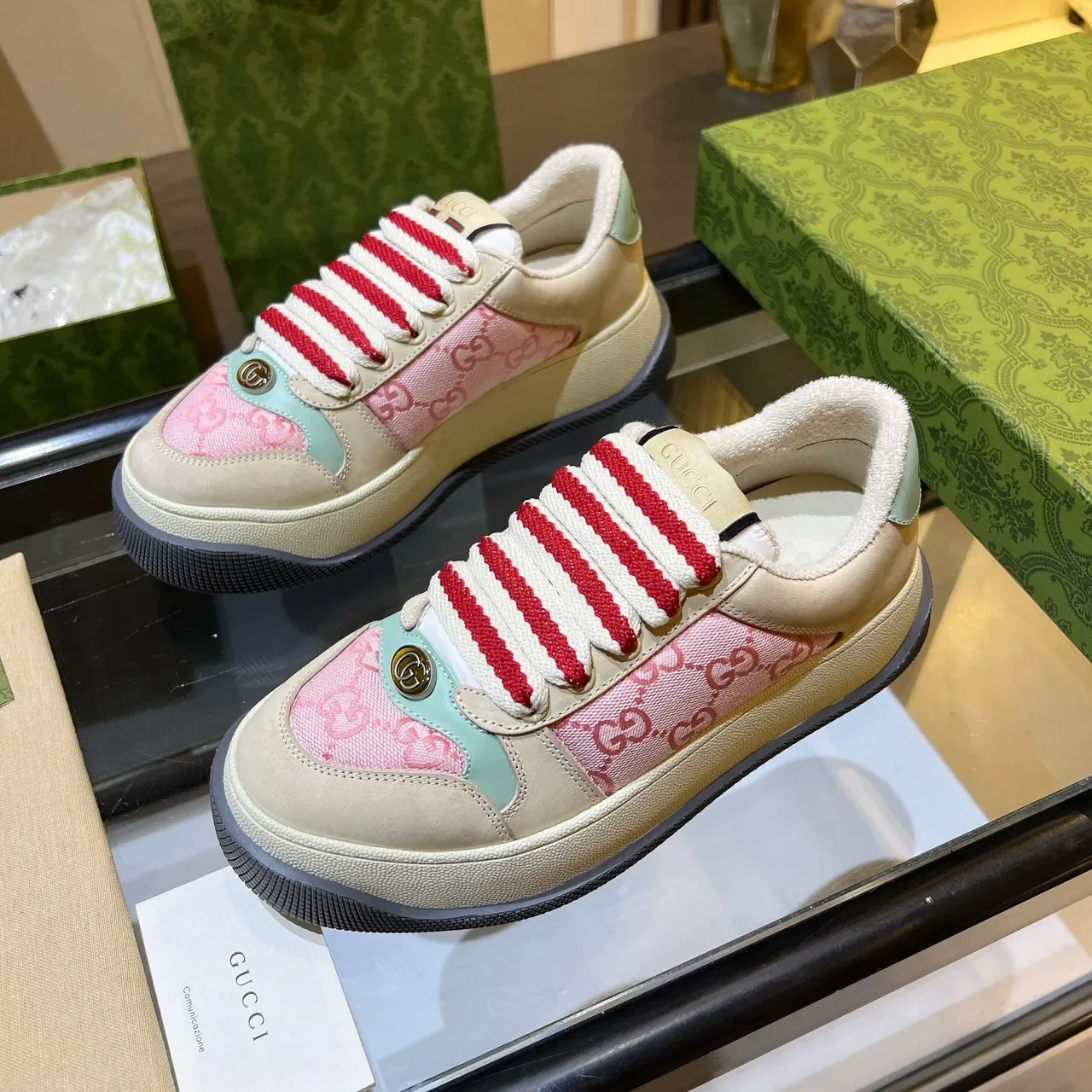 Gucci Screener Pink and Beige GG Jacquard Lifestyle Sneakers 6