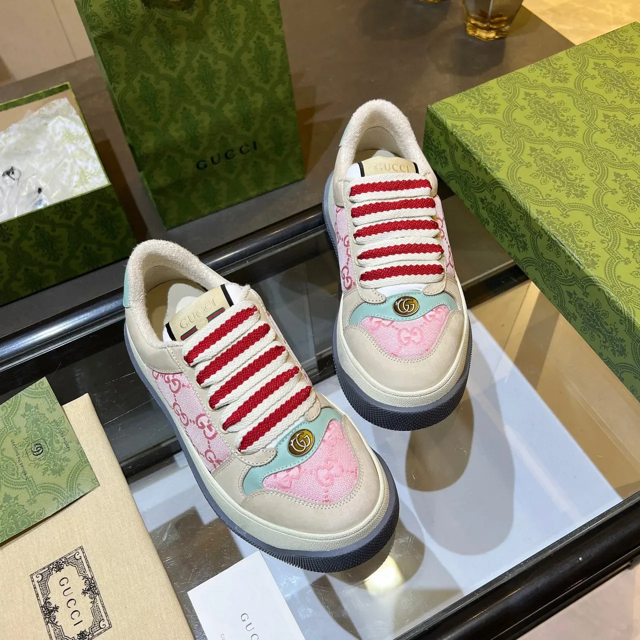 Gucci Screener Pink and Beige GG Jacquard Lifestyle Sneakers 7