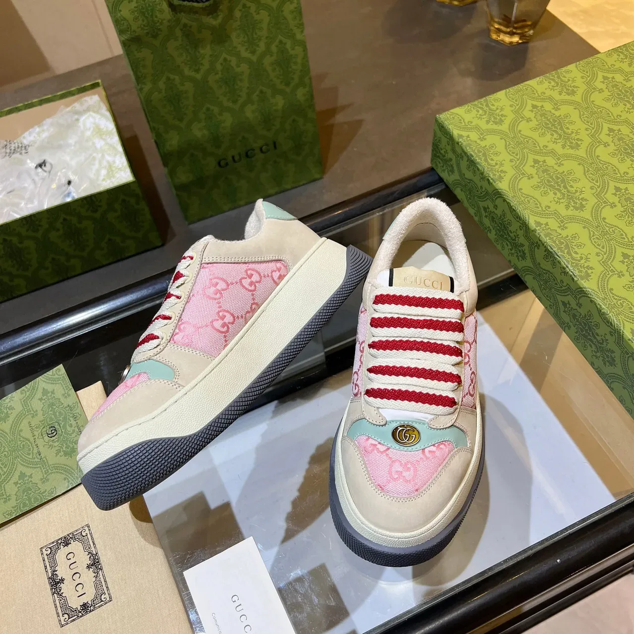Gucci Screener Pink and Beige GG Jacquard Lifestyle Sneakers 8
