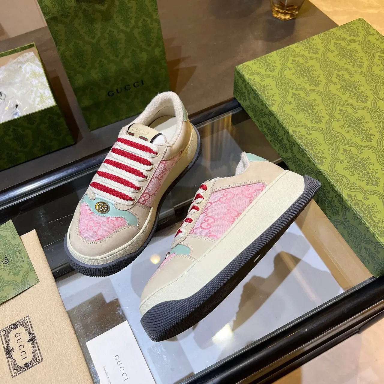 Gucci Screener Pink and Beige GG Jacquard Lifestyle Sneakers 9