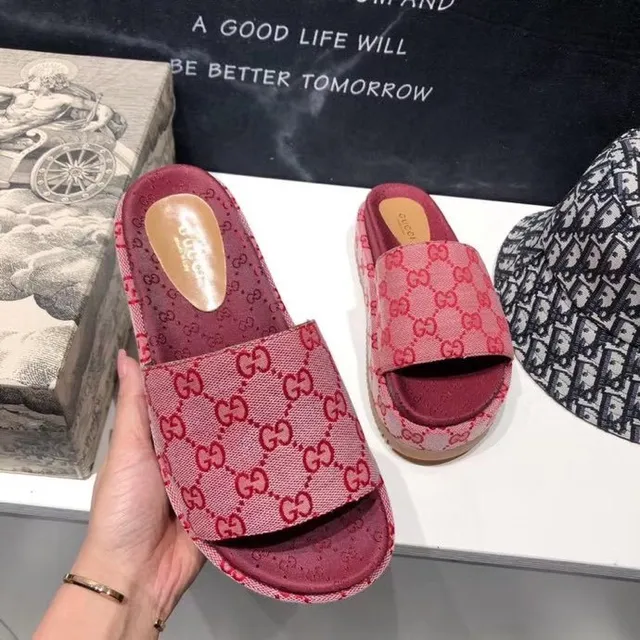 Gucci Screener Pink Red GG Jacquard Platform Slippers 3