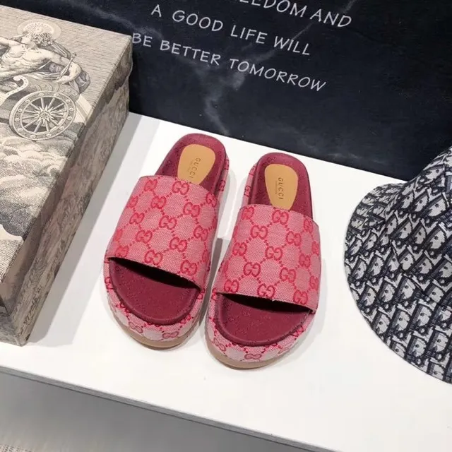 Gucci Screener Pink Red GG Jacquard Platform Slippers 4
