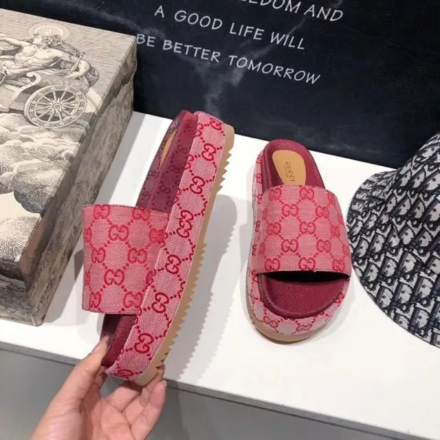 Gucci Screener Pink Red GG Jacquard Platform Slippers 5