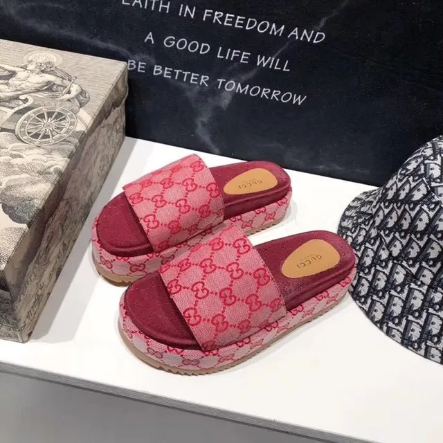 Gucci Screener Pink Red GG Jacquard Platform Slippers 8