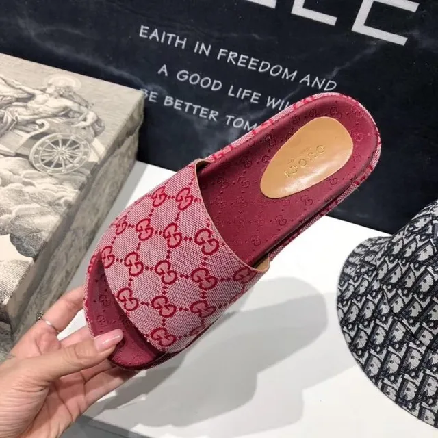 Gucci Screener Pink Red GG Jacquard Platform Slippers 9