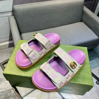 Gucci Screener Purple and Mint Green Monogram Slide Casual Sandals