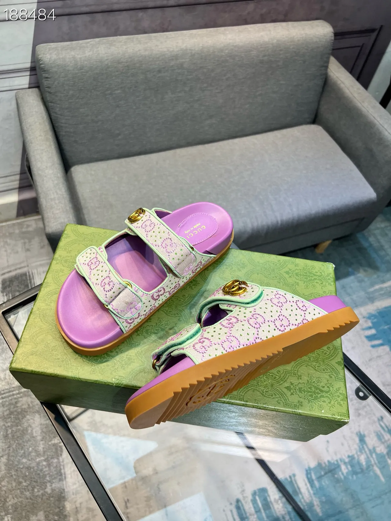 Gucci Screener Sandales Slides Violet et Vert Menthe Monogram Casual 4