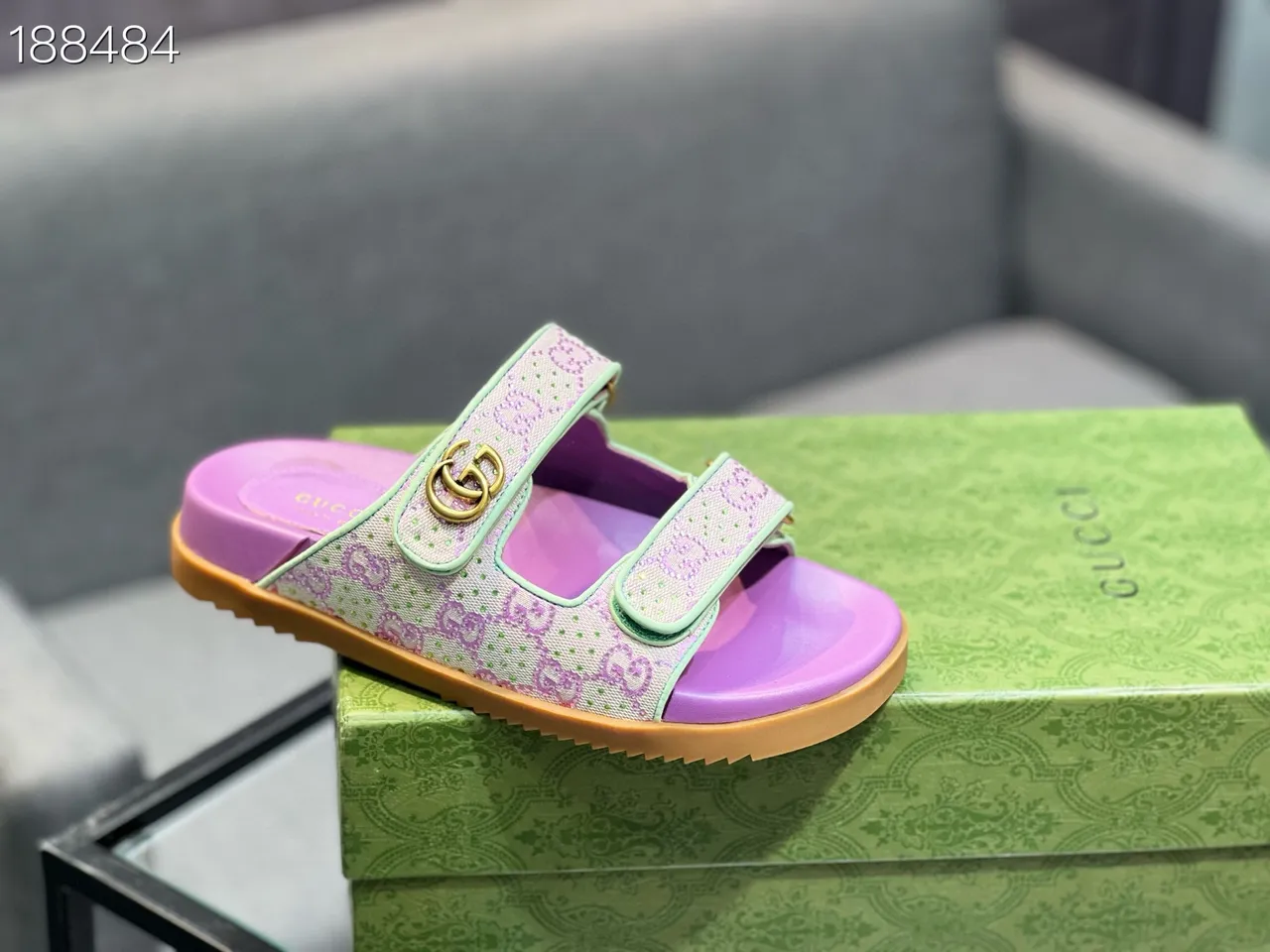 Gucci Screener Sandales Slides Violet et Vert Menthe Monogram Casual 5