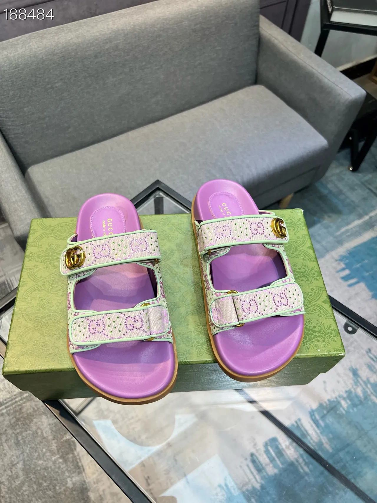 Gucci Screener Sandales Slides Violet et Vert Menthe Monogram Casual 7