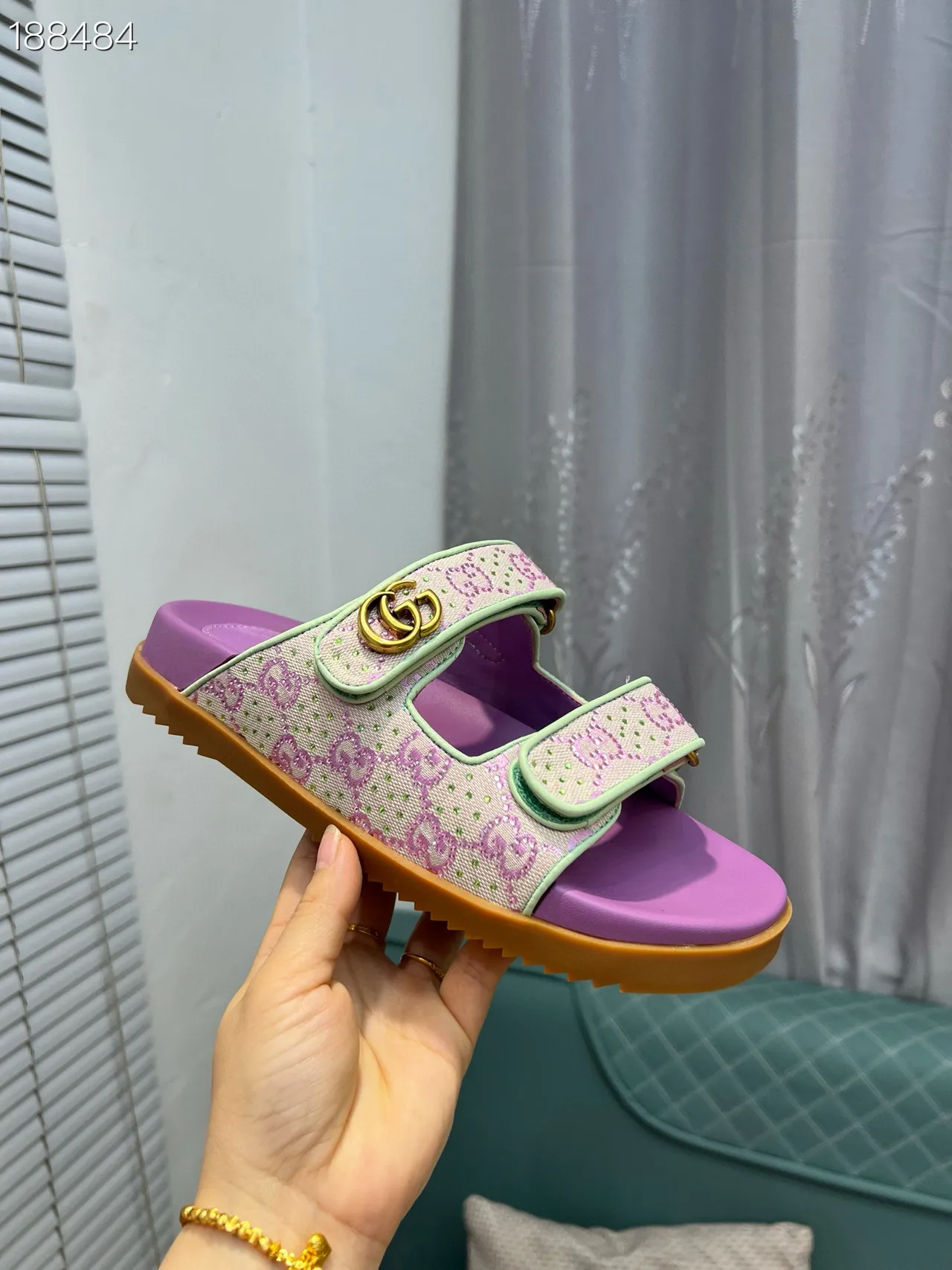 Gucci Screener Sandales Slides Violet et Vert Menthe Monogram Casual 8