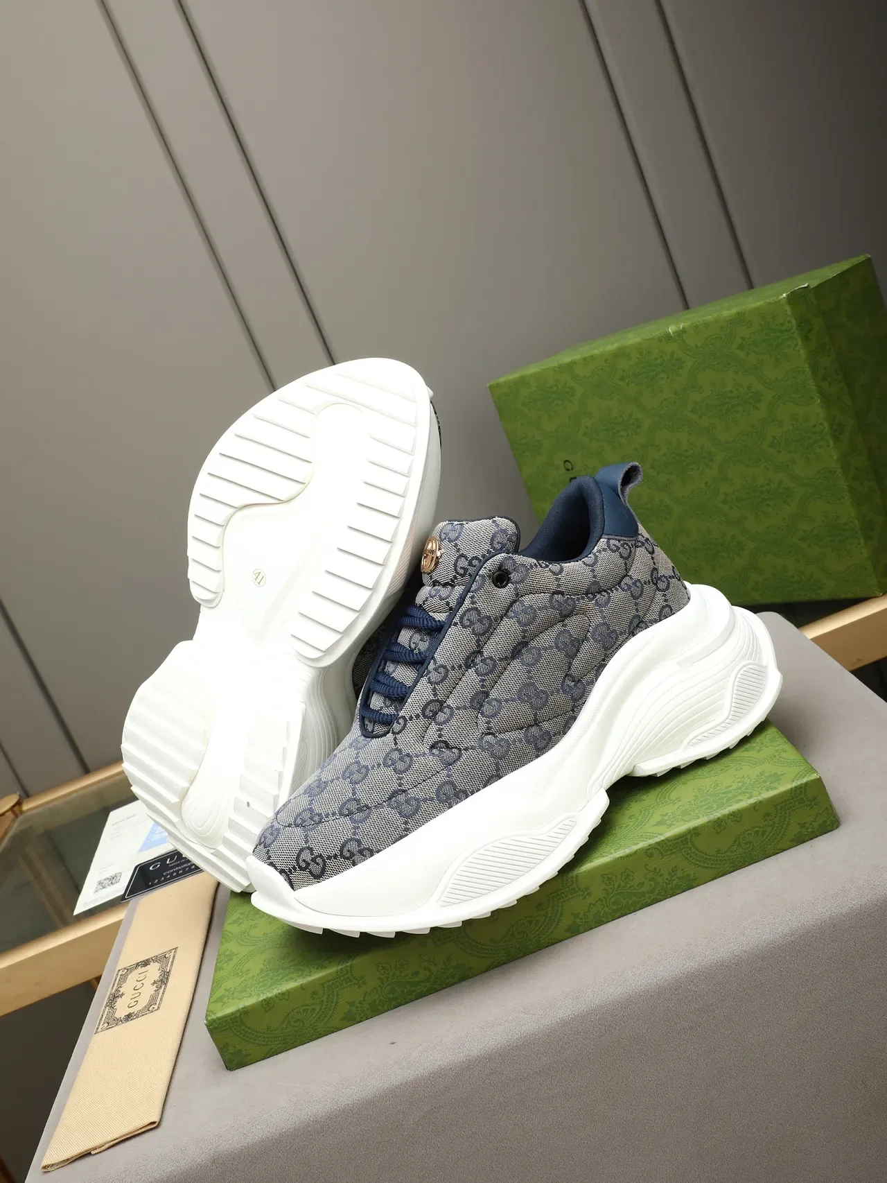 Gucci Screener Quilted GG Monogram Navy Gray Lifestyle Sneakers 4