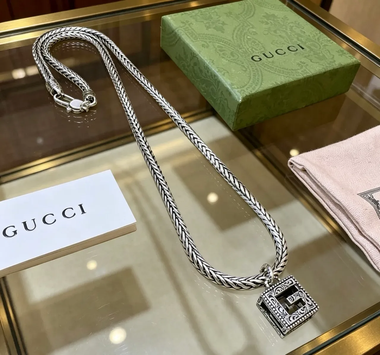 Gucci Silver Black Braided Chain Square Pendant Necklace 2