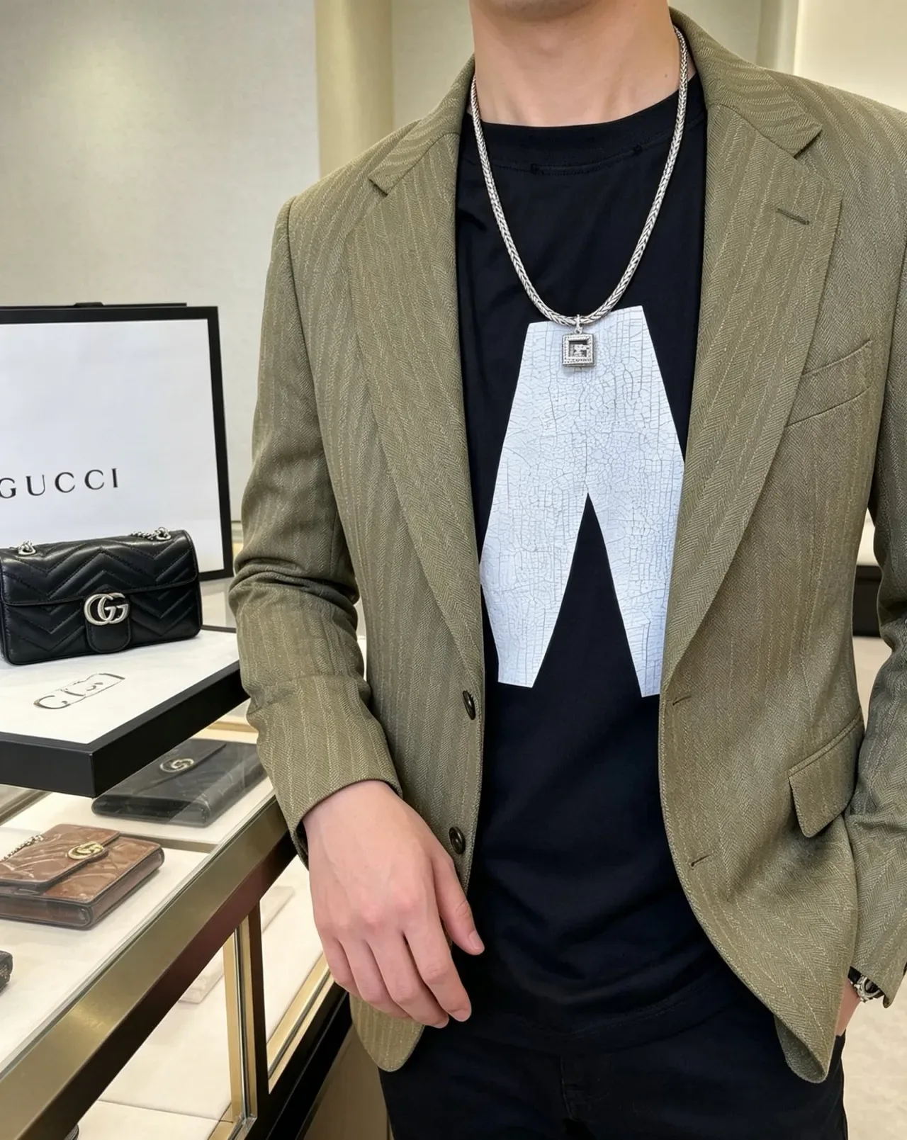 Gucci Silver Black Braided Chain Square Pendant Necklace 3