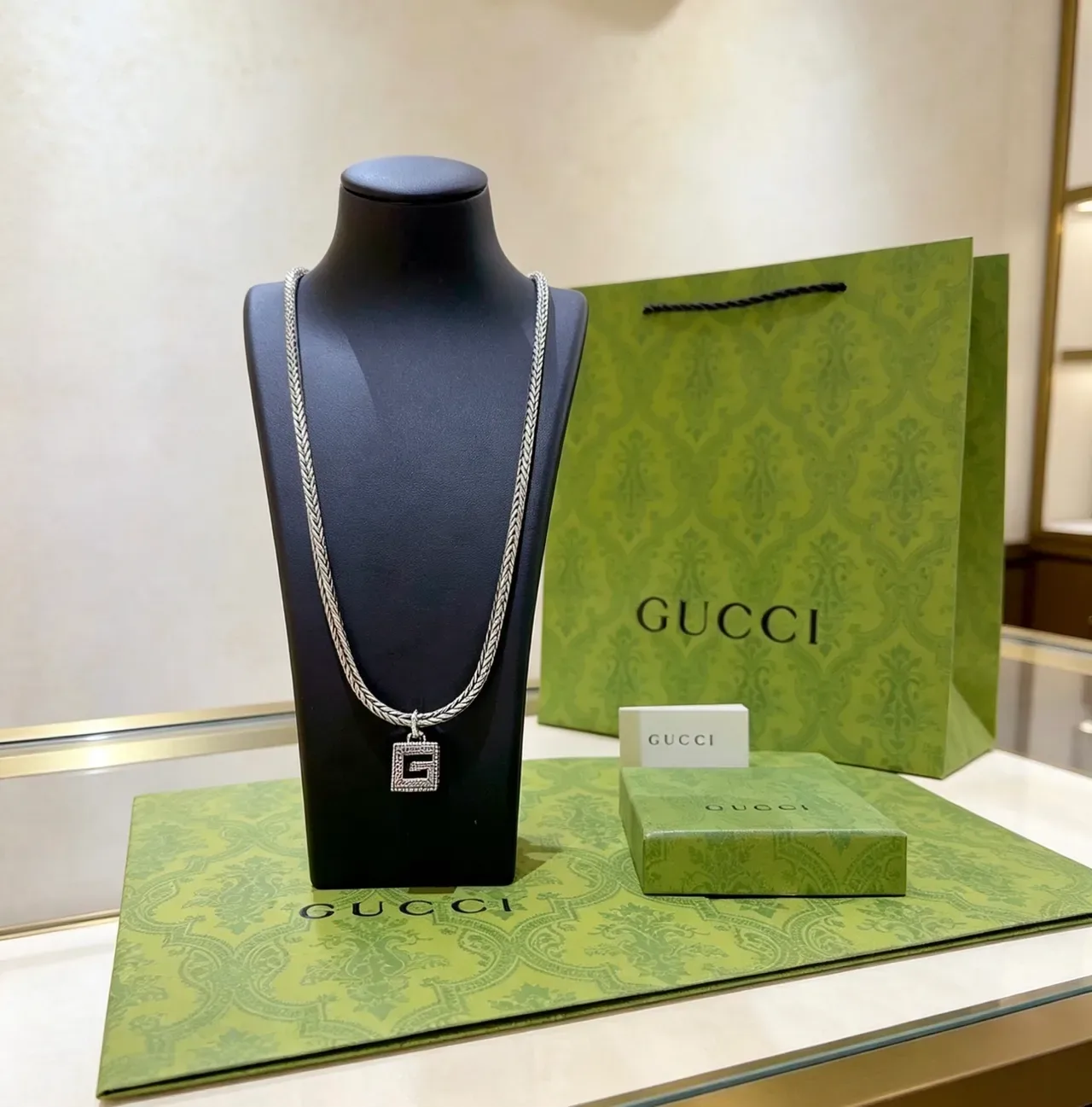Gucci Silver Black Braided Chain Square Pendant Necklace 4