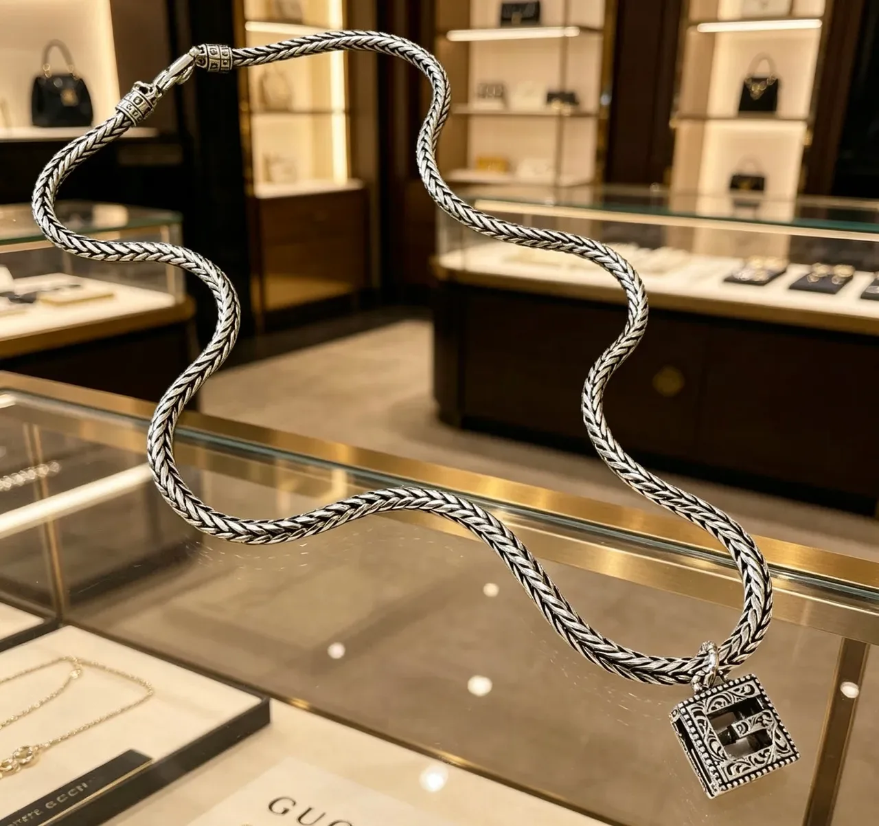Gucci Silver Black Braided Chain Square Pendant Necklace 6